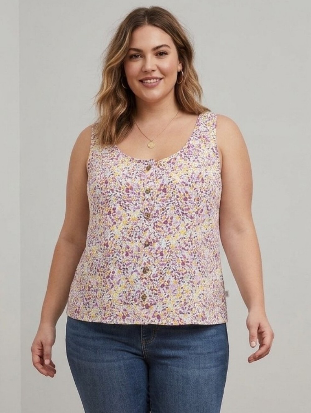 Torrid White Floral Button-Front Tank with Purple & Yellow Accents Sz1